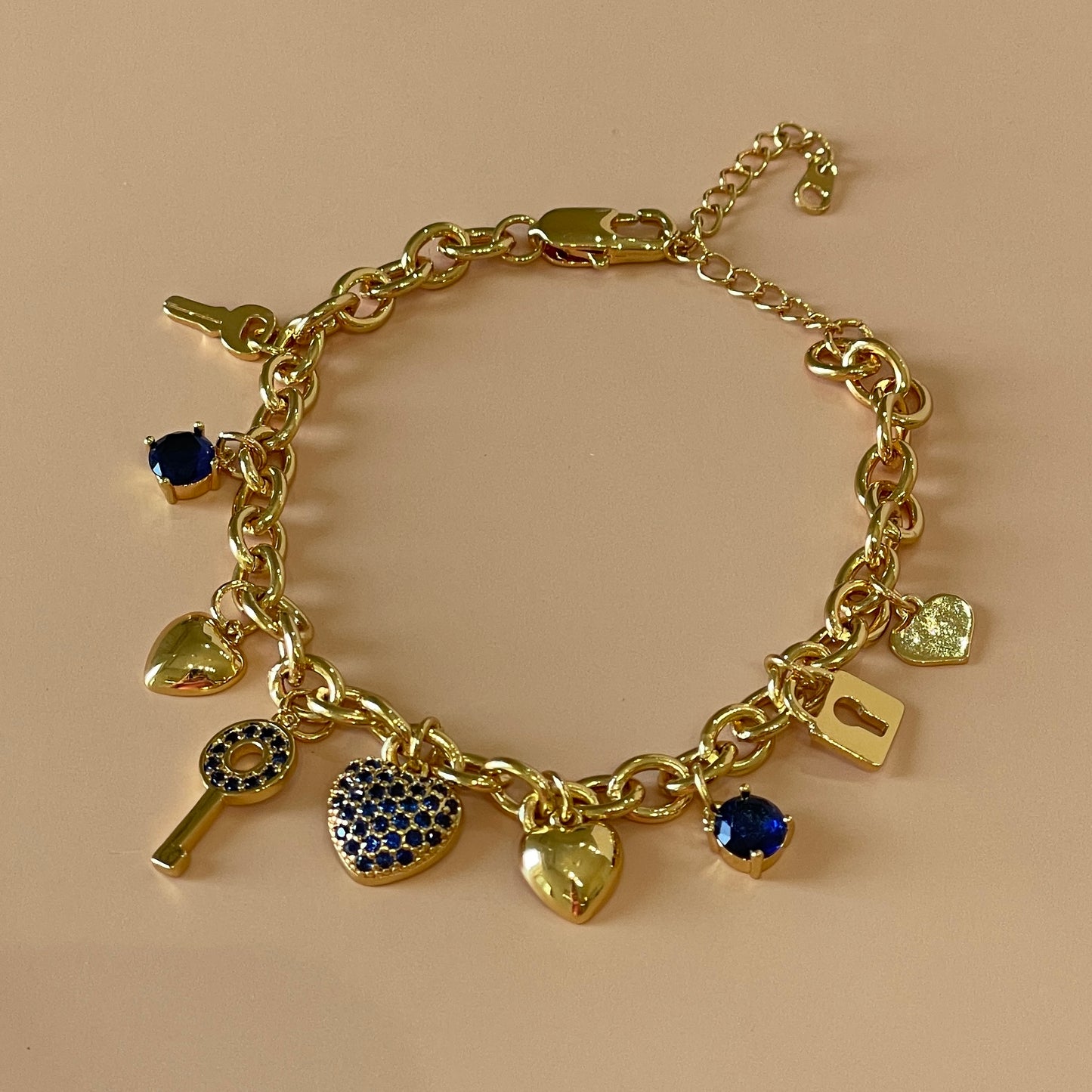 PULSERA CADENA CHARMS CORAZON CRISTAL AZUL MARINO