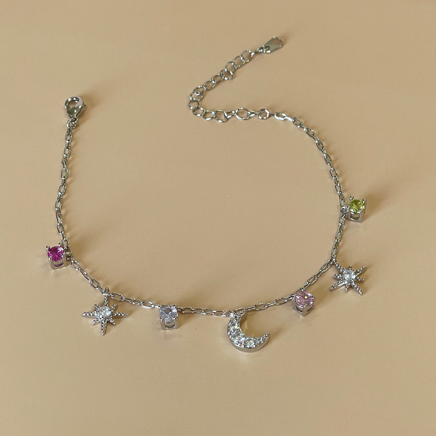 PULSERA SILVER DE ESTRELLA CON LUNITA CRISTAL ROSA
