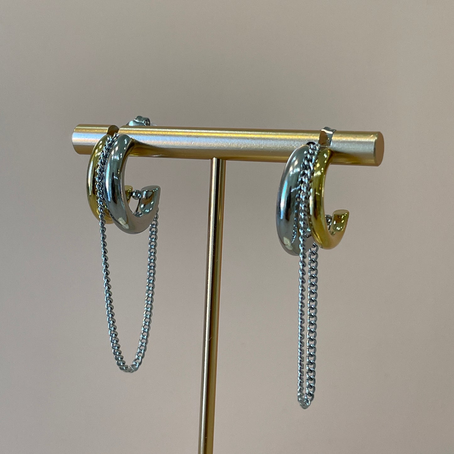 ARRACADAS CHUNKY DOBLE SILVER GOLD CON CADENA