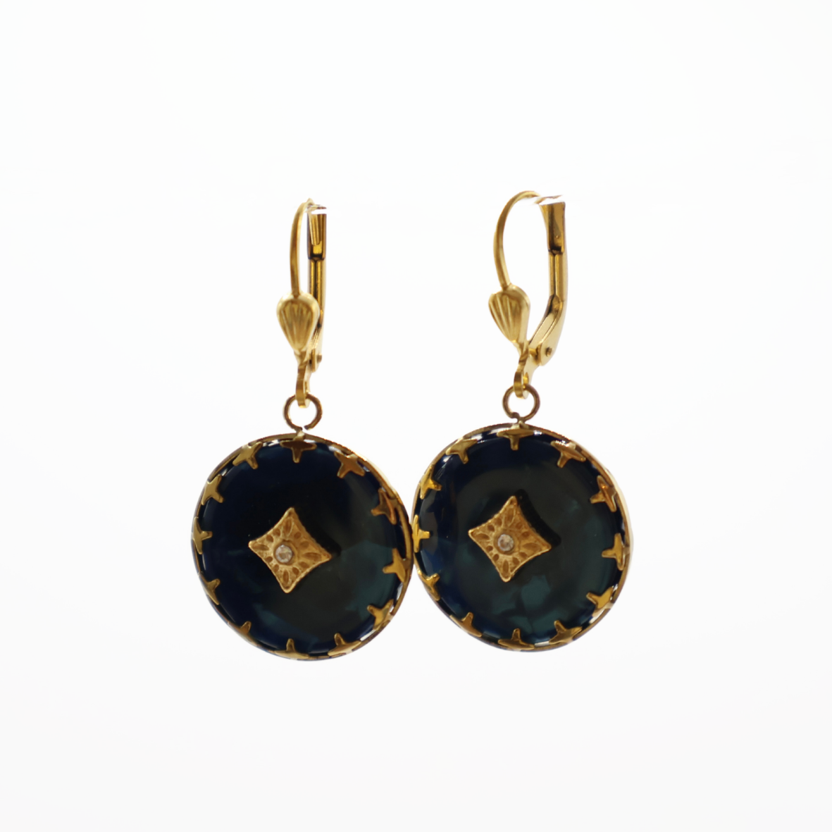ARETE CIRCULAR CON ROMBO GOLD AZUL MARINO