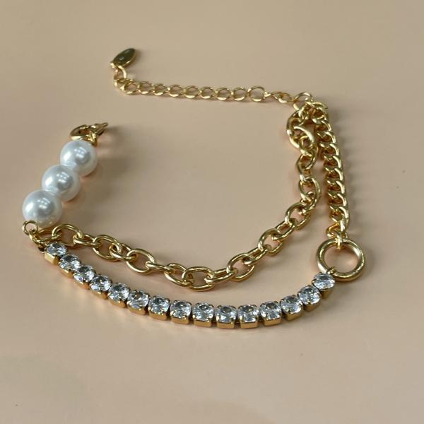 PULSERA DOBLE CADENA Y TENNIS CON TRES PERLAS