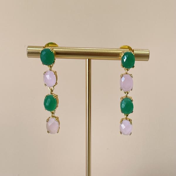 ARETES 4 GEMSTONES ROSE CHALCEDONY & GREEN ONYX