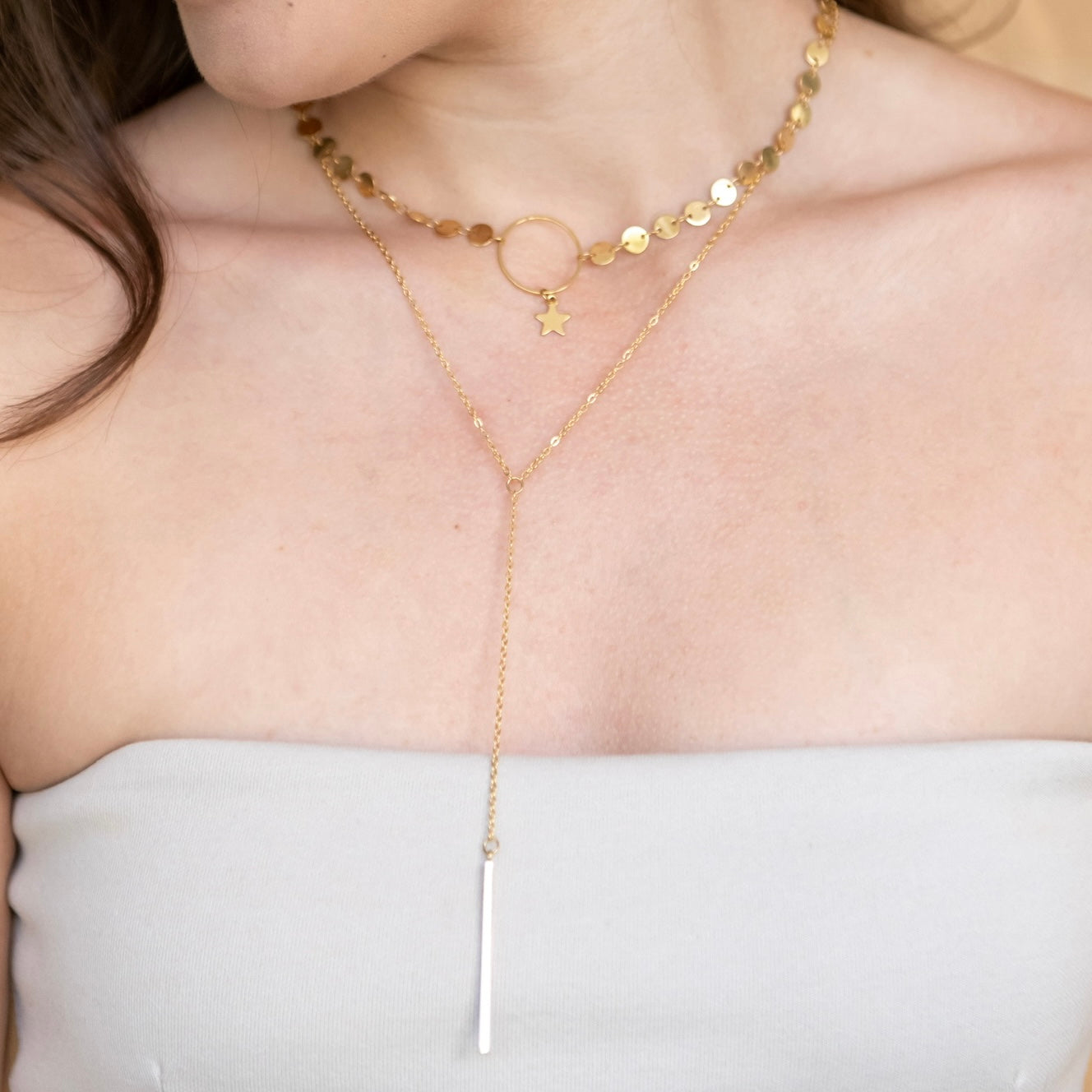 COLLAR LARIAT DOBLE DE MONEDAS Y ESTRELLA