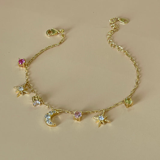 PULSERA ESTRELLA Y LUNA CRISTAL ROSA