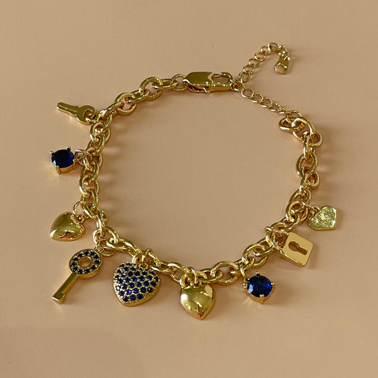 PULSERA CADENA CHARMS CORAZON CRISTAL AZUL MARINO