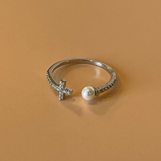 ANILLO CRUZ CON PERLITA SILVER