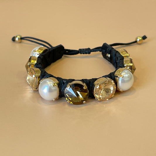 PULSERA CLEO CRISTAL CAFE Y GOLD Y PERLA -HN