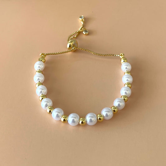 PULSERA AJUSTABLE PERLAS Y BOLITAS GOLD