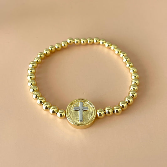 PULSERA BOLITAS GOLD DIJE CRUZ