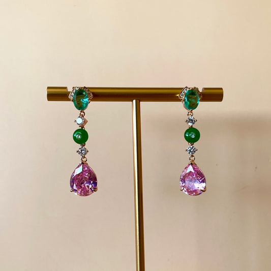 ARETES SILVER COLGANTE GOTA ROSA & VERDE