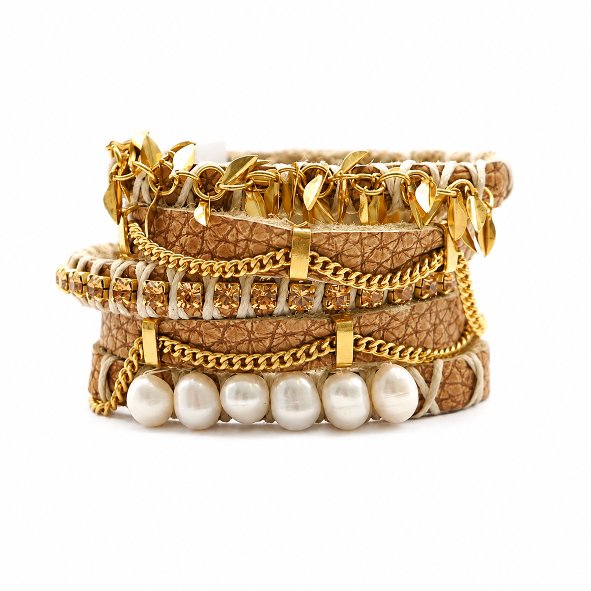 PULSERA ANCHA DORADA PERLAS Y CADENA CRISTAL DORADO