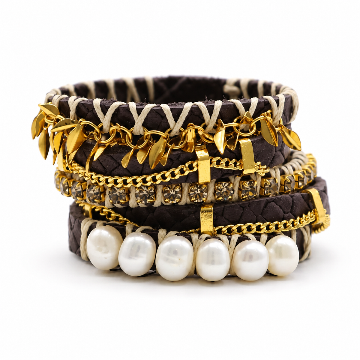 PULSERA ANCHA NEGRA PERLAS Y CADENA CRISTAL GRIS