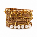PULSERA ANCHA CAFE PERLAS Y CADENA CRISTAL DORADO