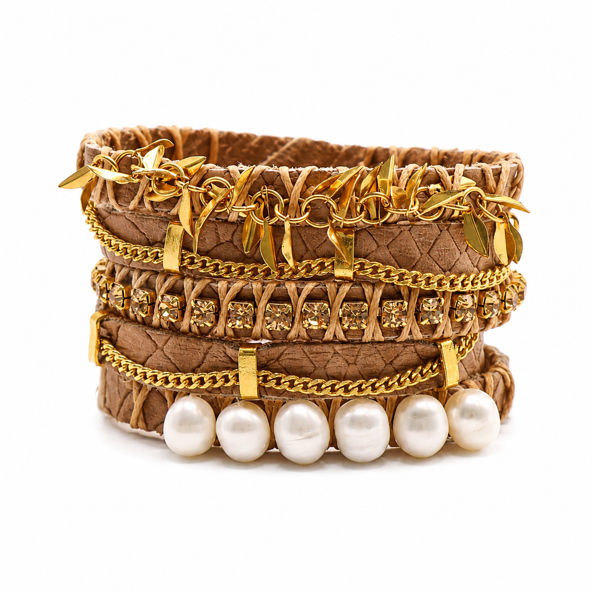 PULSERA ANCHA CAFE PERLAS Y CADENA CRISTAL DORADO