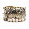 PULSERA ANCHA BLANCO PERLAS Y CADENA CRISTAL CLEAR SILVER