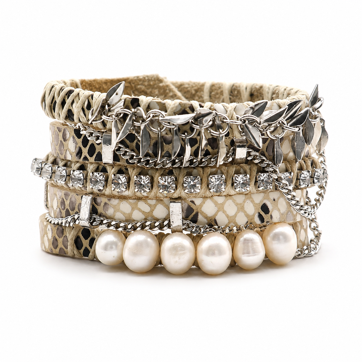 PULSERA ANCHA BLANCO PERLAS Y CADENA CRISTAL CLEAR SILVER