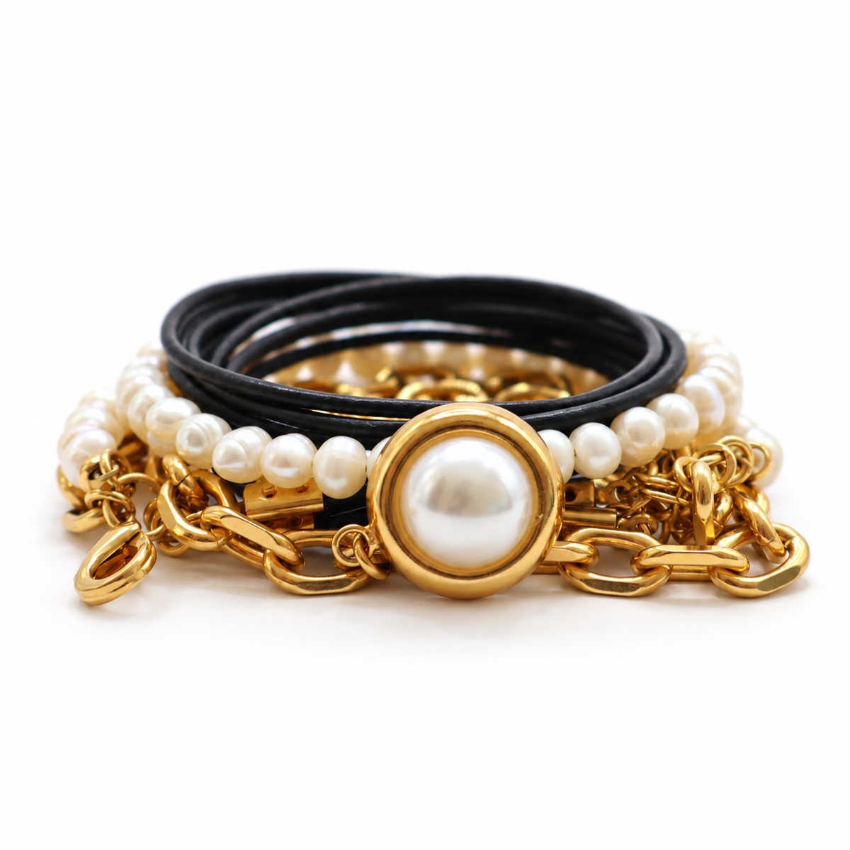 PULSERA MADRID NEGRO CON PERLAS Y CADENA