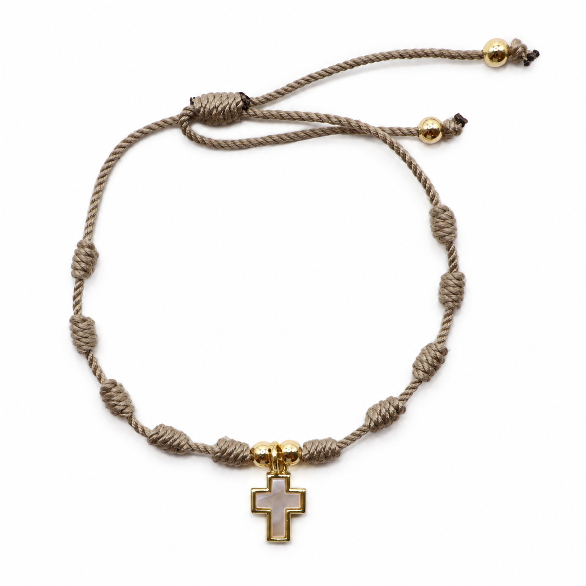 PULSERA ESCAPULARIO NUDOS CAFE Y CRUZ MADREPERLA
