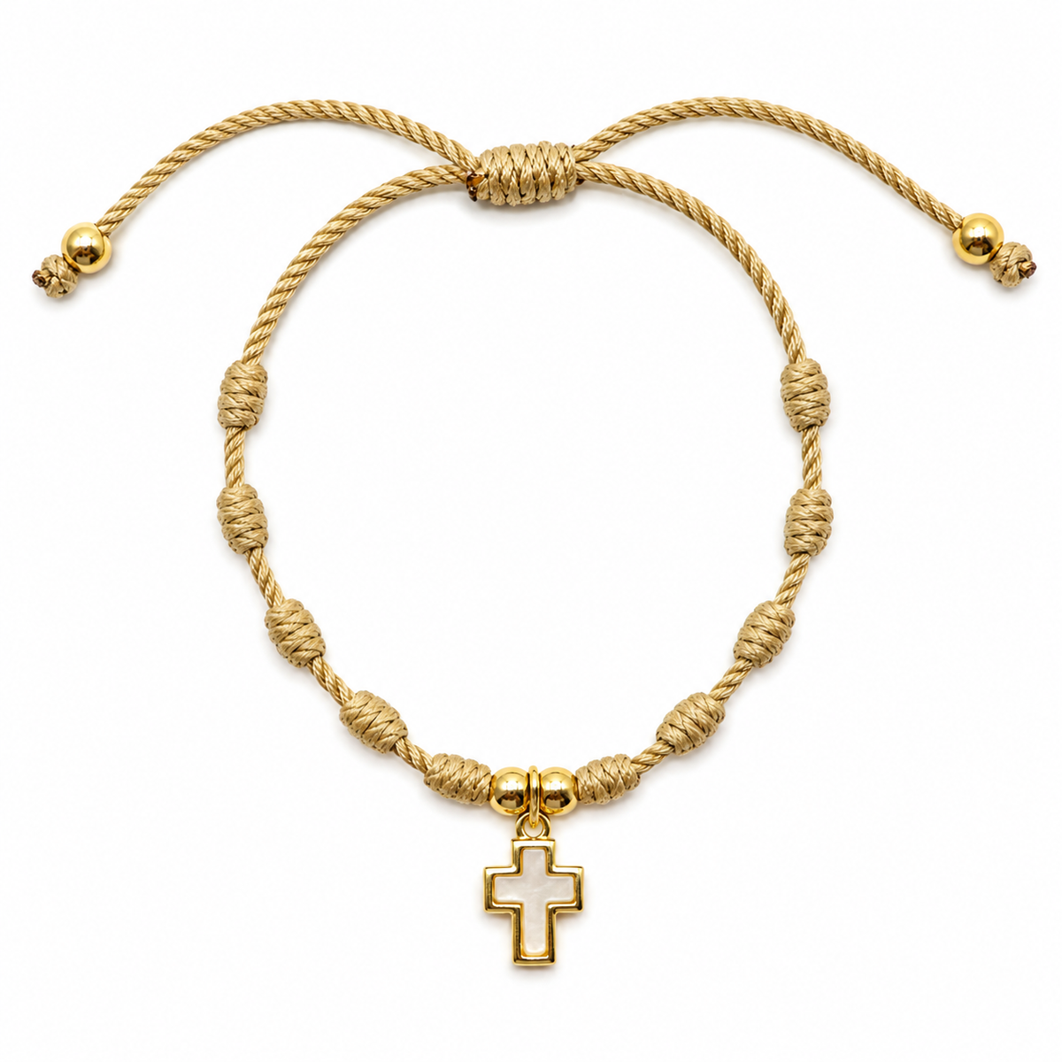 PULSERA ESCAPULARIO NUDOS BEIGE Y CRUZ MADREPERLA