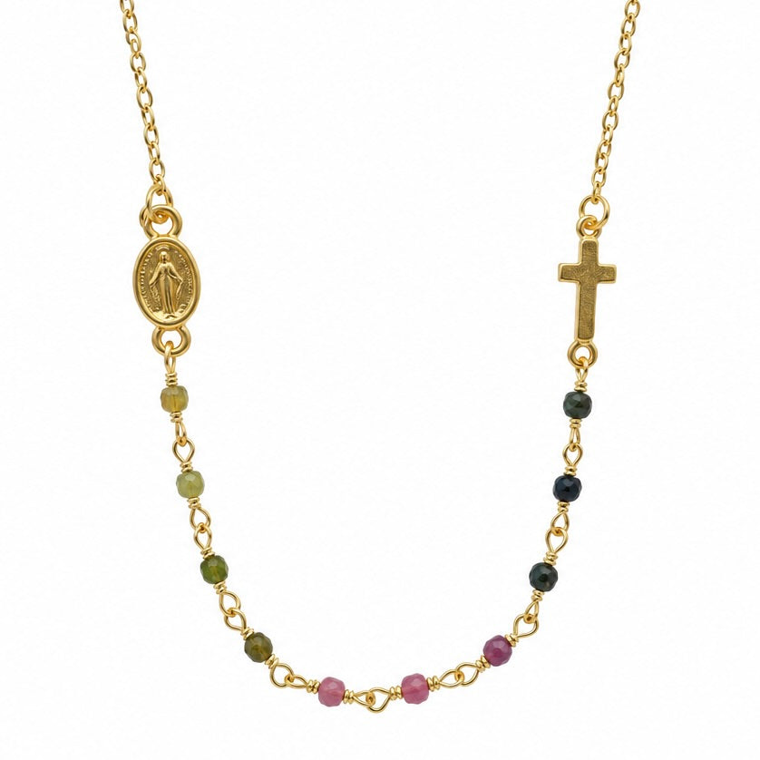COLLAR ROSARIO CON CRUZ Y MIX PIEDRAS ROSA
