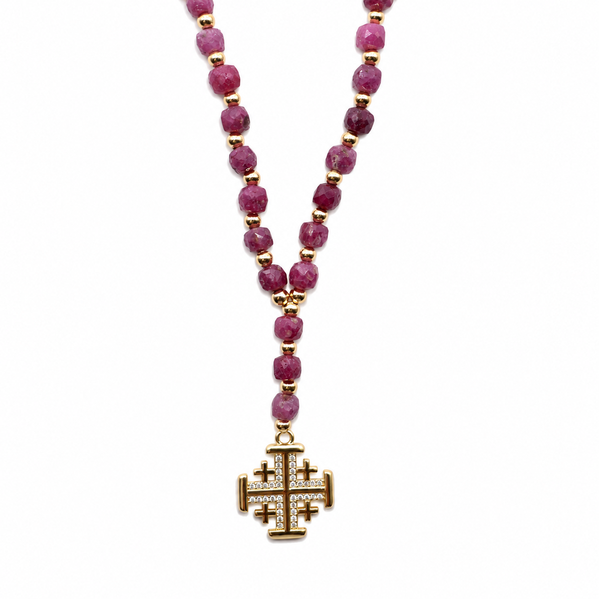 COLLAR RUBI CUBO CON CRUZ JERUSALEM