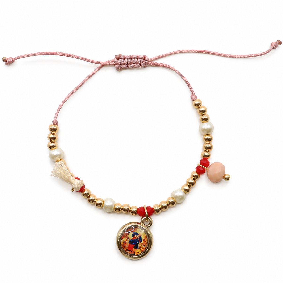 PULSERA PERLAS, CRISTAL ROJO Y MOTITA CON MEDALLA