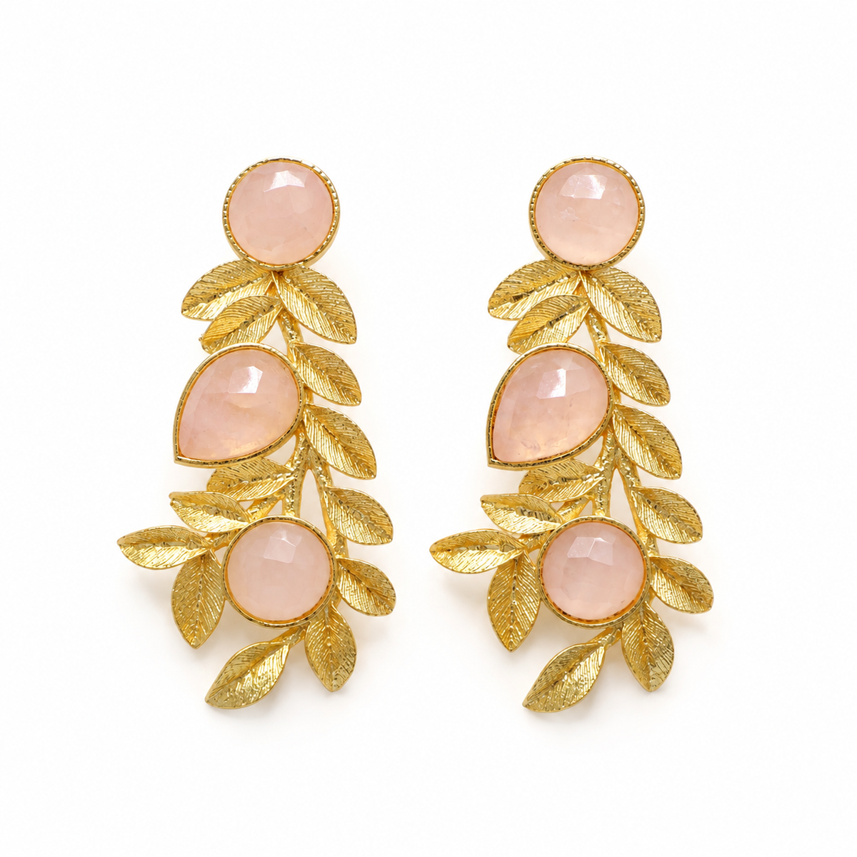 ARETES HOJITAS -CUARZO ROSA