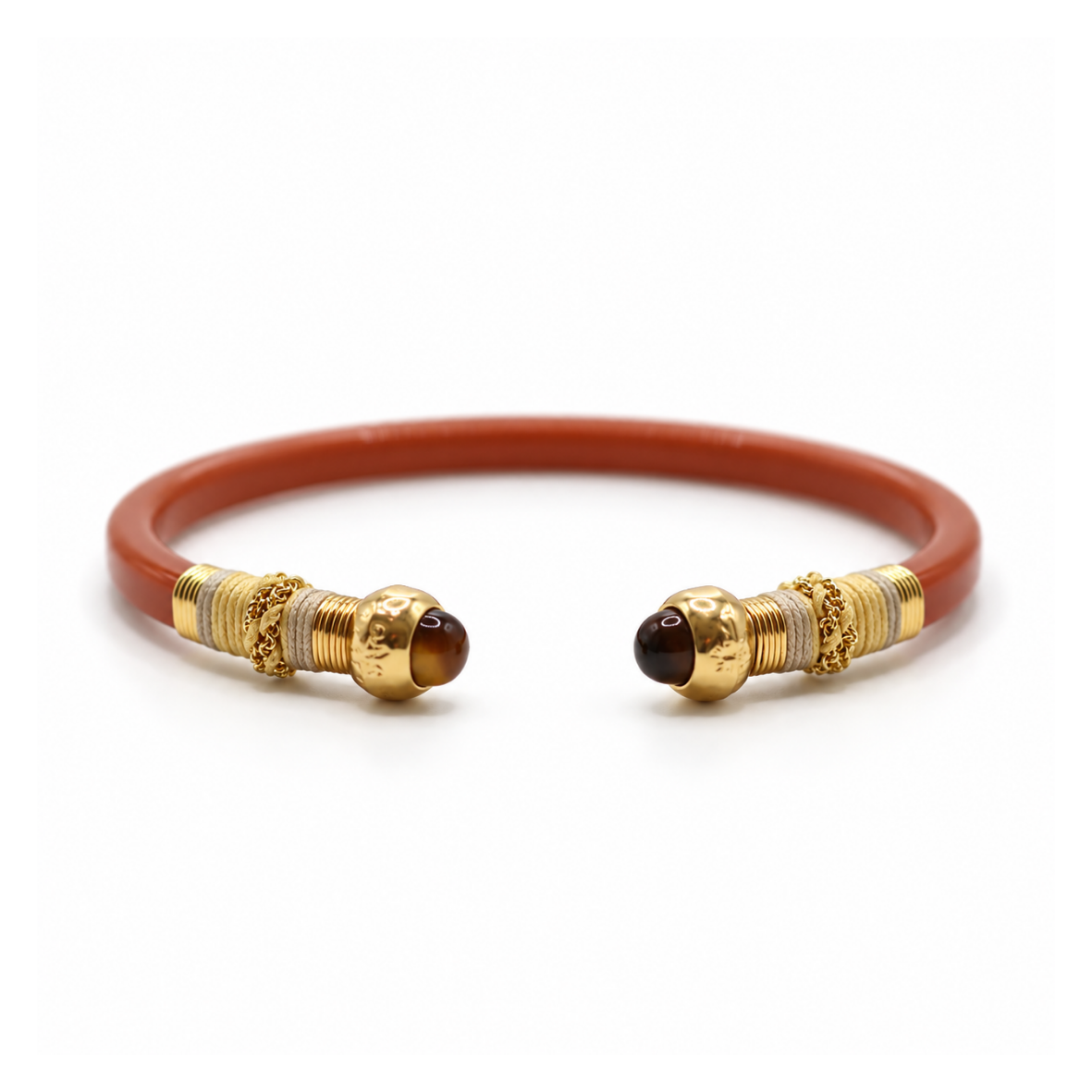 BRAZALETE SARI NARANJA QUEMADO -CADENAS Y OJO DE TIGRE