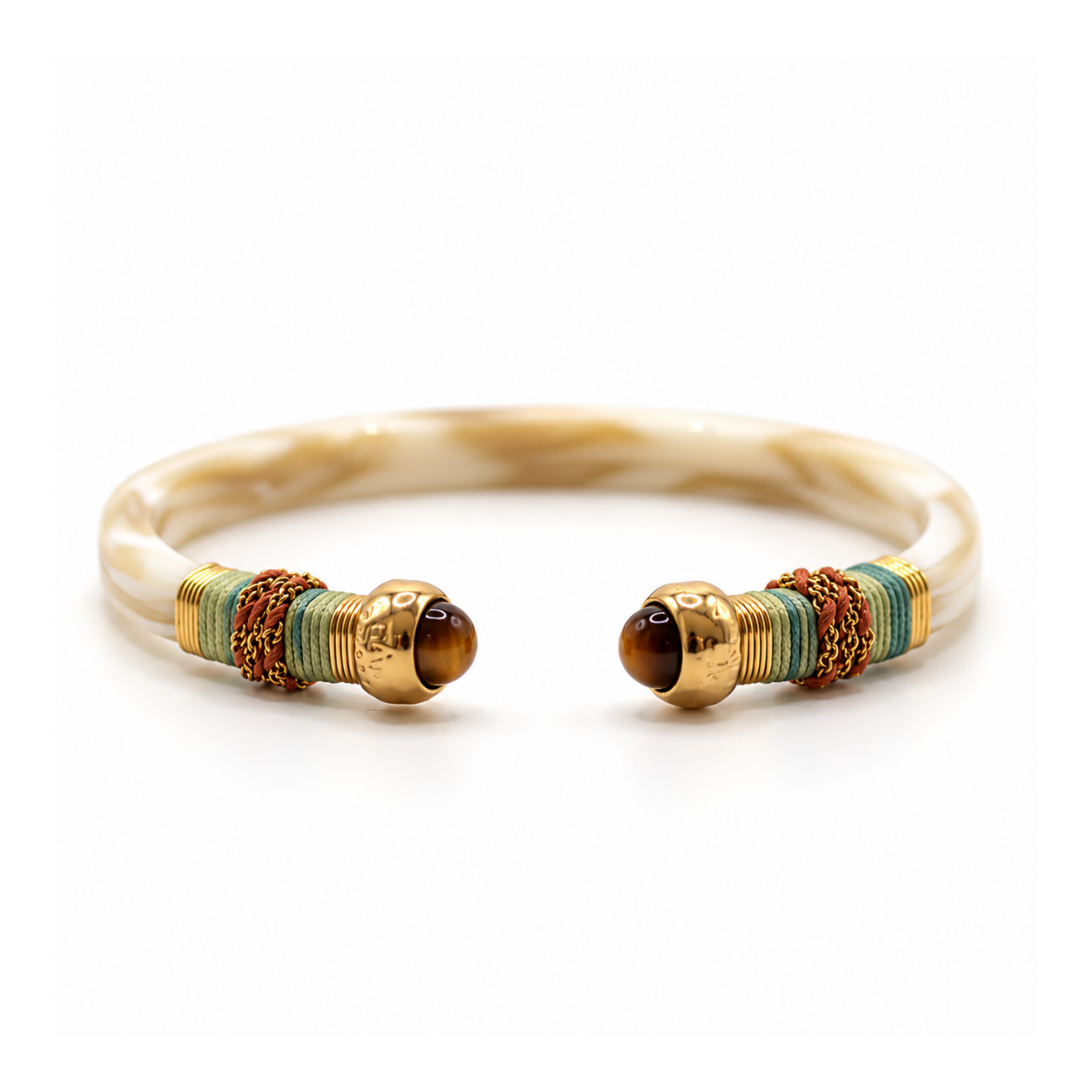 BRAZALETE SARI IVORY CON HILO VERDE -OJO TIGRE