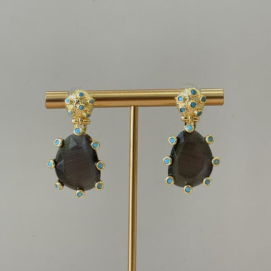 ARETES AMADEA - DROP NEGRO CRISTAL TURQUESA