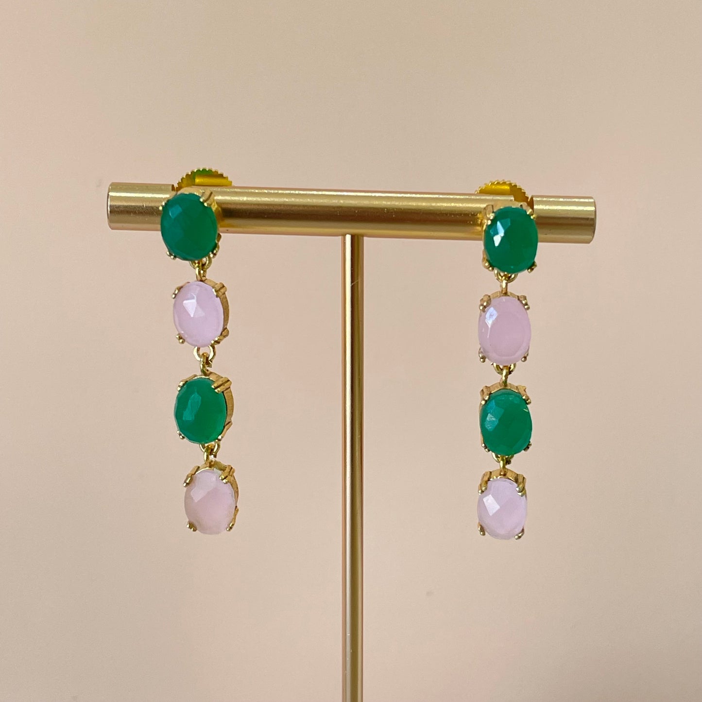 ARETES 4 GEMSTONES ROSE CHALCEDONY & GREEN ONYX