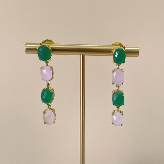 ARETES 4 GEMSTONES ROSE CHALCEDONY & GREEN ONYX
