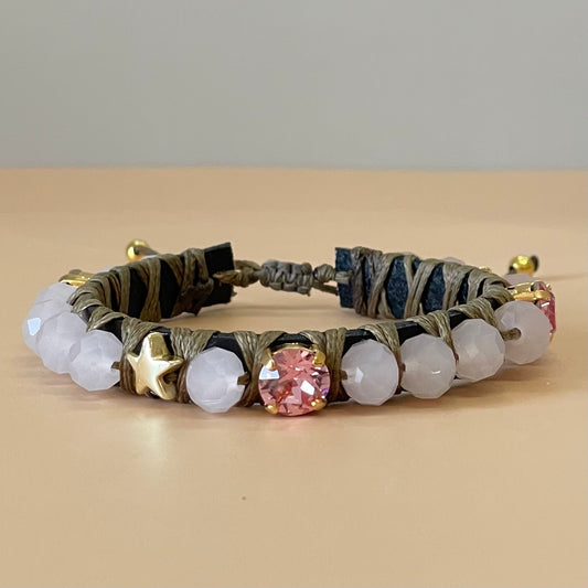 PULSERA FAVORITA PIEDRA ROSA CON ESTRELLA CRISTAL ROSA PALIDO BARBIE -HC