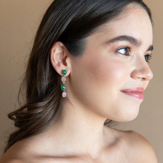 ARETES 4 GEMSTONES ROSE CHALCEDONY & GREEN ONYX