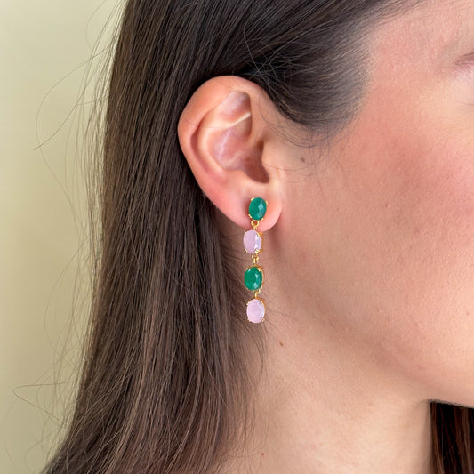 ARETES 4 GEMSTONES ROSE CHALCEDONY & GREEN ONYX