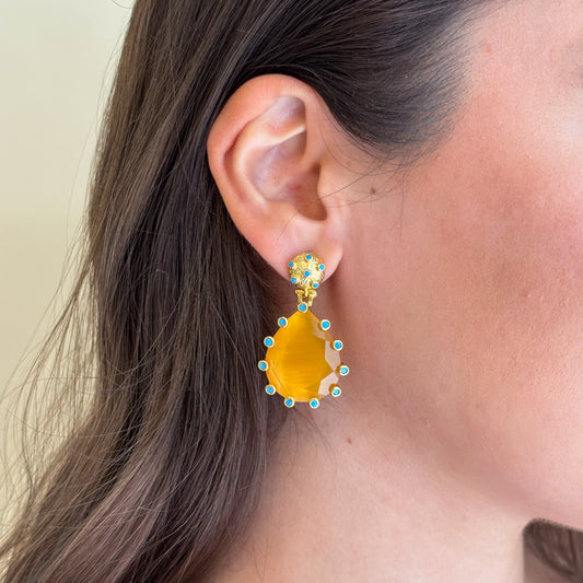 ARETES AMADEA- DROP MOSTAZA CRISTAL TURQUESA