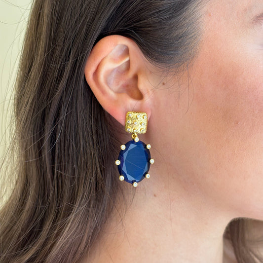 ARETES AMADEA GRANDE -DROP AZUL MARINO CRISTAL CLEAR